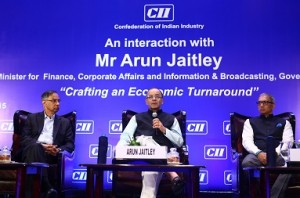R Seshasayee, Chairman, CII Economic Growth & Investments Council & Past President, CII; Arun Jaitley, Minister for Finance, Corporate Affairs and Information and Broadcasting, Government of India and Ravi Sam, Chairman, CII Tamil Nadu