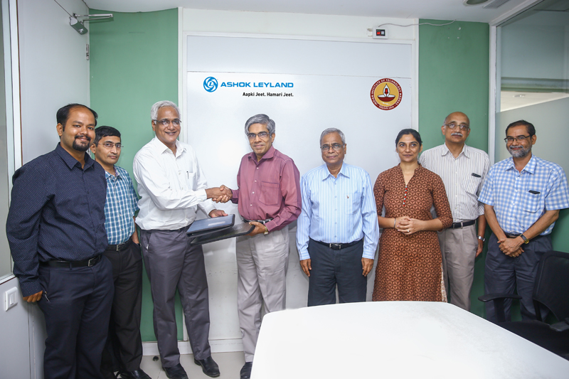 (L-R): Sriram Tirunantalwan, Divisional Manager-Business Development, Ashok Leyland, Dr. GVN Prasad, Vice President, EHVT-Product Development, Ashok Leyland, Karthick Athmanathan, Head, Electric Vehicles and e-Mobility Solutions, Ashok Leyland, Prof. Bhaskar Ramamurthi, Director, IIT-Madras, Prof. Ashok Jhunjhunwala, Professor, IIT-Madras and Principal Advisor, Ministries  of Power and New and Renewable Energy, Government of India, Dr. Prabhjot Kaur,CoBE, IIT-Madras, R. Nagarajan, Dean, International and Alumni Relations, IIT-Madras and Prof. Devendra Jalihal, Head, Department of Electrical Engineering, IIT-Madras