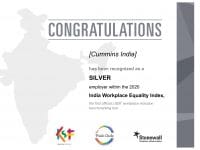 Cummins India has been recognized as a “Silver” employer within the 2020 India Workplace Equality Index